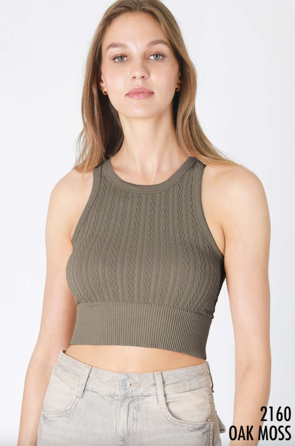 NIKIBIKI CABLE KNIT HIGH NECK CROP TOP