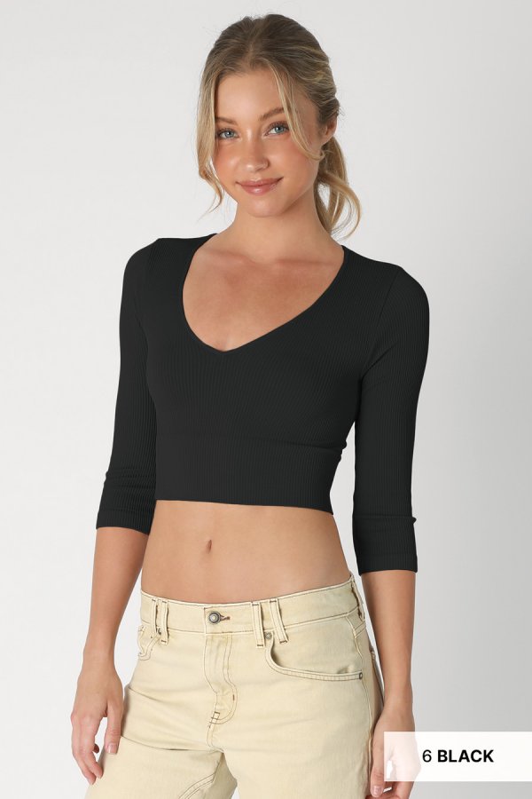 NIKIBIKI RIBBED 3/4 SLEEVE V NECK CROP TOP